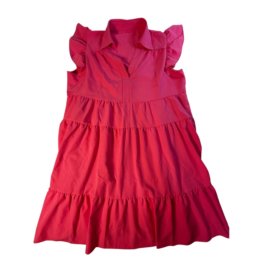 Hot Pink Tiered Ruffle Sleeve Mini Dress V-Neck Collared Sleeveless L